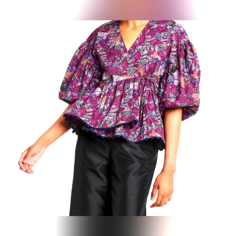 Kika Vargas Purple Peplum Scallop Wrap Top XL